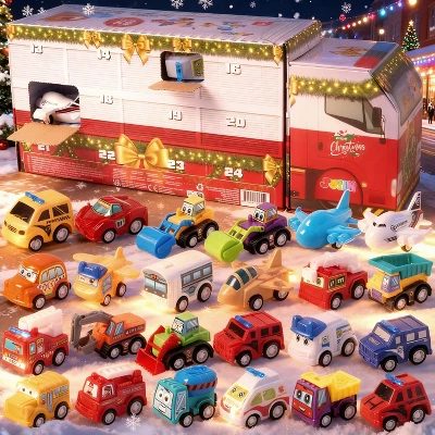 Joyfy 2026 Christmas Advent Calendar Pull Back Racing City Cars, Carrier Truck Shaped Box