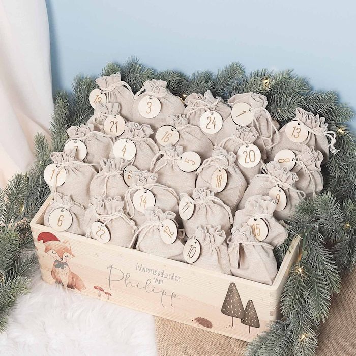 FCKMonday Personalized Wooden Advent Calendar with Name, 24 Fillable Bags