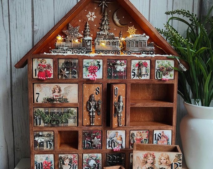 InspirationsFromSoul Handmade Wooden Advent Calendar House with Drawers, LED Lights and Train