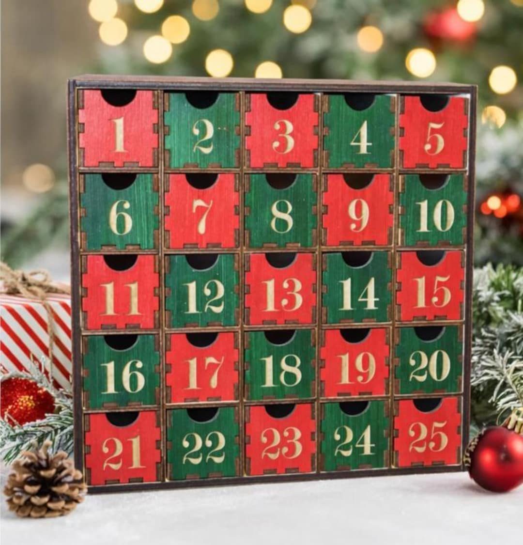 Cre8iveWoodStuph Christmas Countdown Calendar with Deep Drawers and Backside Graphic