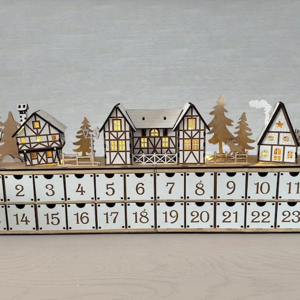 PixieMeadowMarket Wooden Christmas Advent Calendar, Christmas Village Houses, DIY Kit Option
